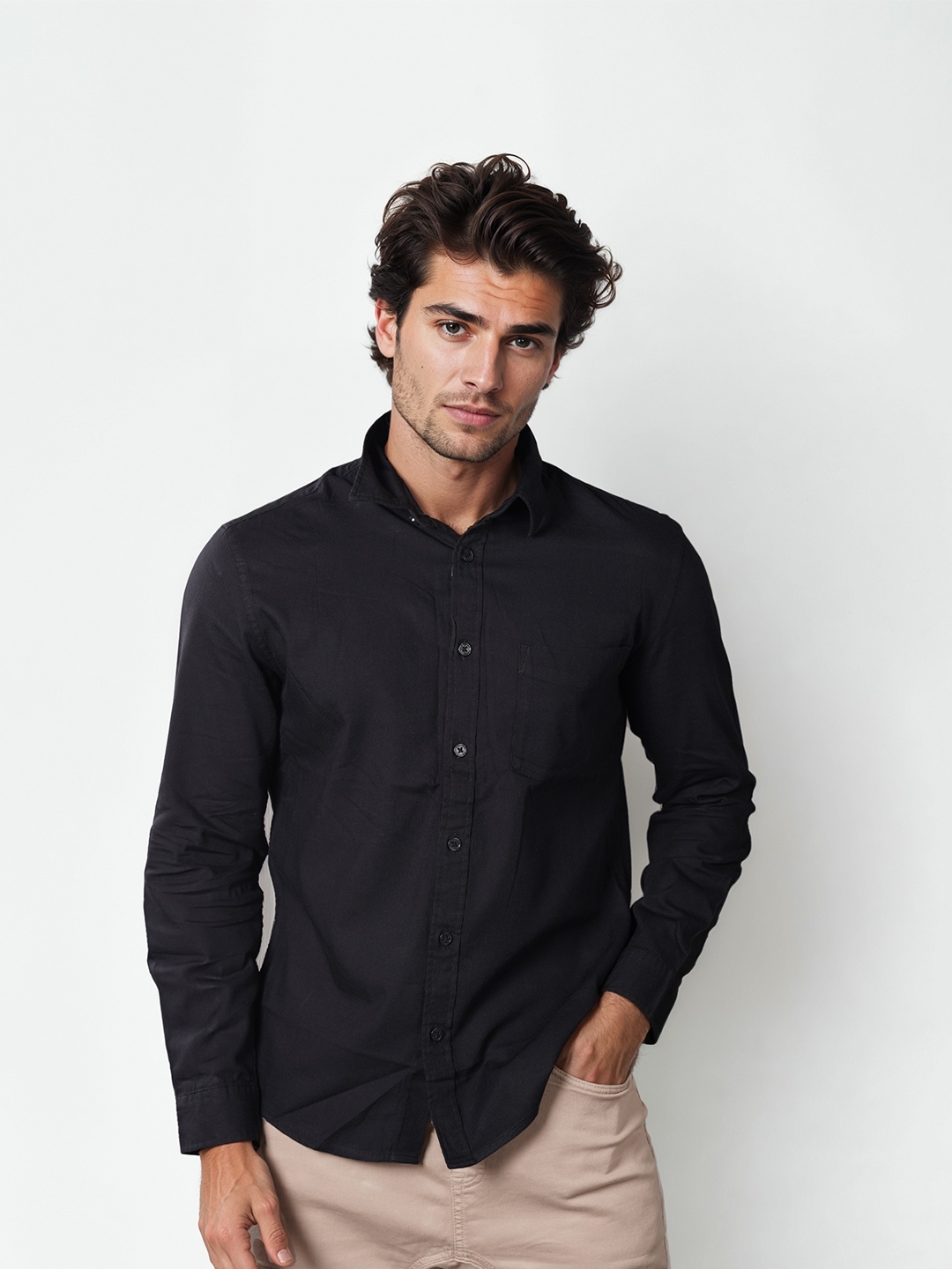 

Celio Classic Spread Collar Cotton Casual Shirt, Black