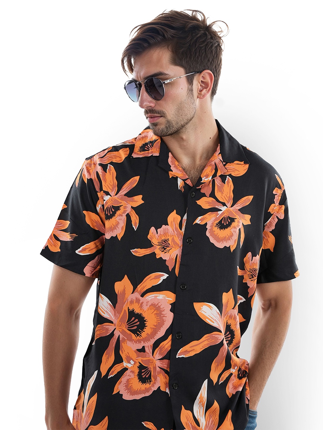 

Celio Classic Floral Printed Cuban Collar Shirt, Orange