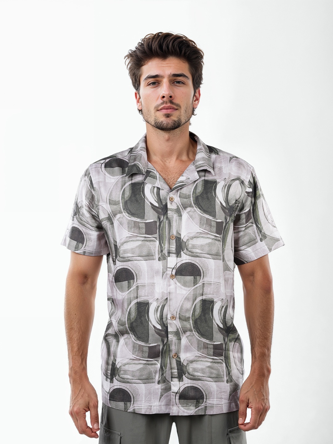 

Celio Classic Abstract Printed Spread Collar Casual Shirt, Olive