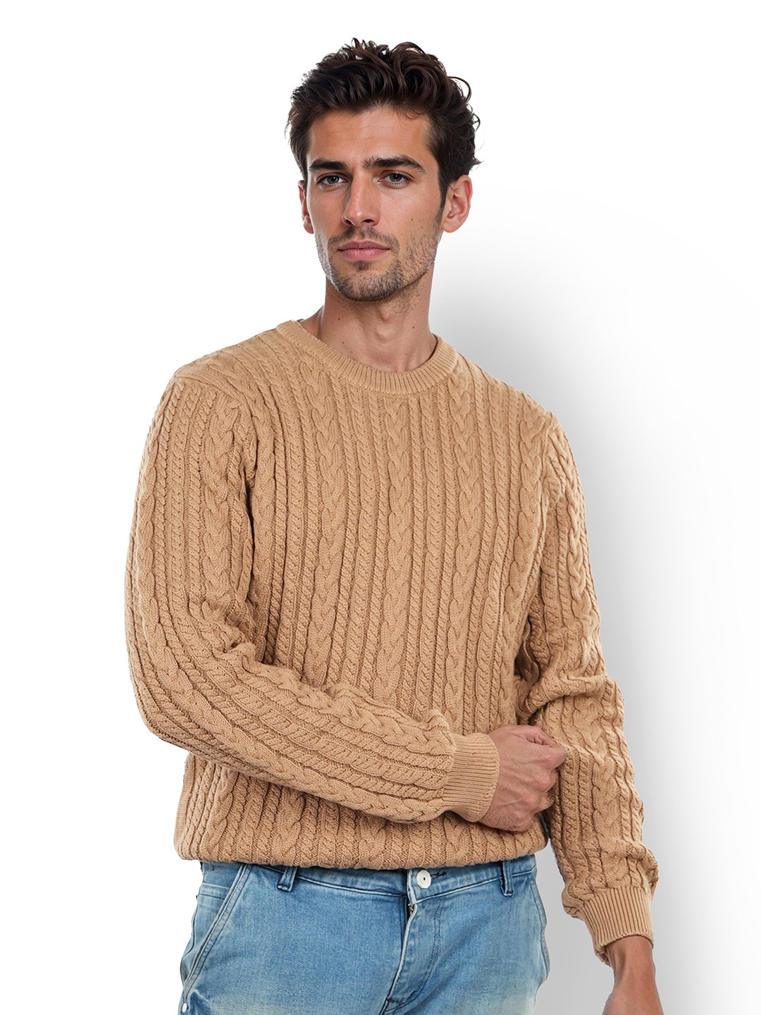 

Celio Cable Knit Round Neck Cotton Pullover Sweaters, Beige