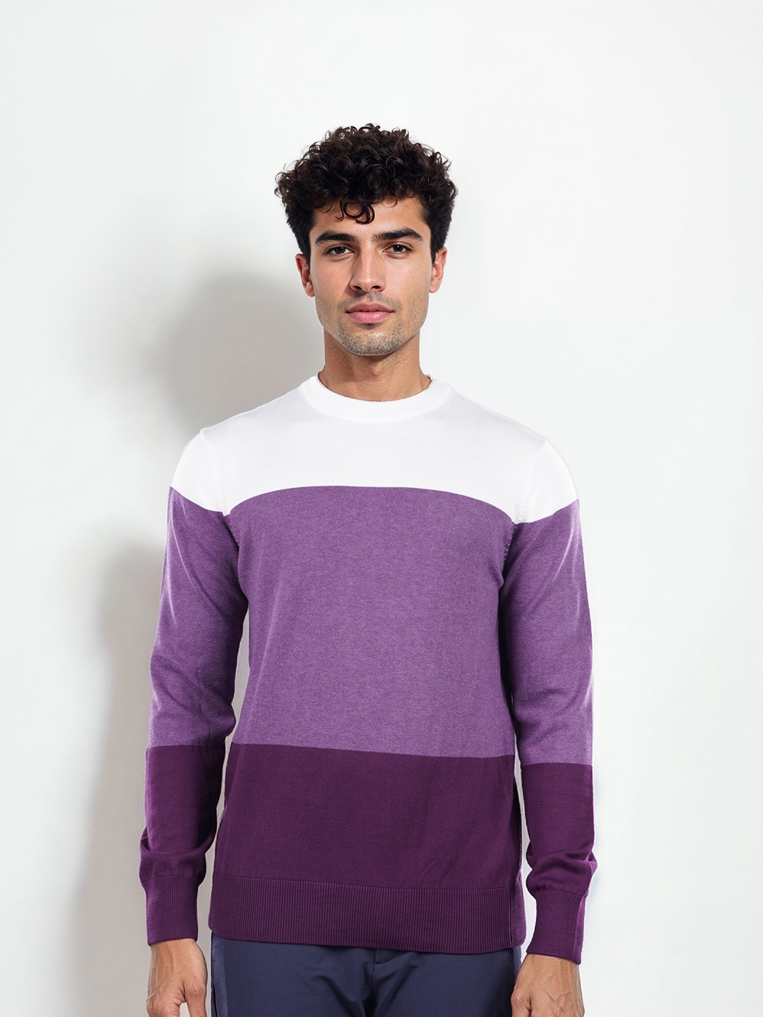 

Celio Colourblocked Round Neck Cotton Pullover Sweaters, Purple