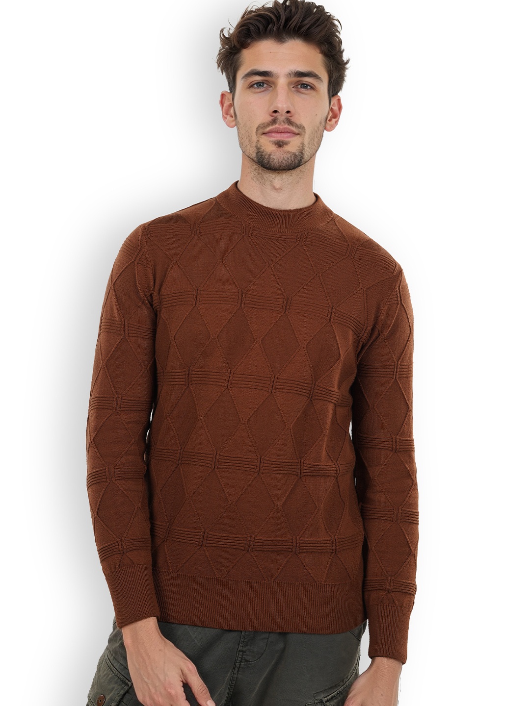 

Celio Geometric Self Design Round Cotton Pullover Sweater, Brown