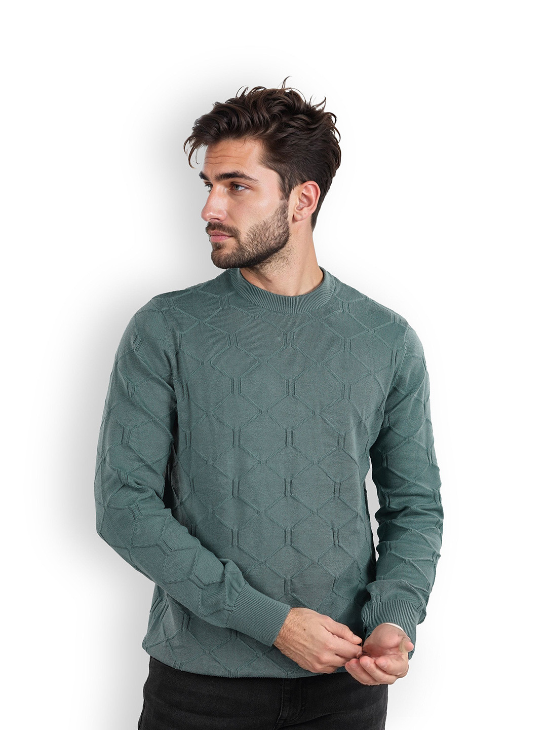 

Celio Open Knit Round Neck Cotton Pullover Sweater, Green