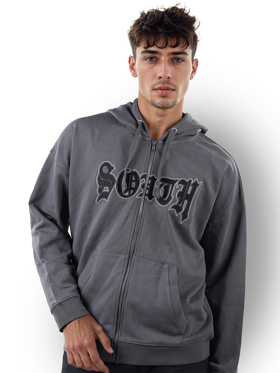 

Celio Typography Printed Hooded Cotton Front-Open Sweatshirt, Grey