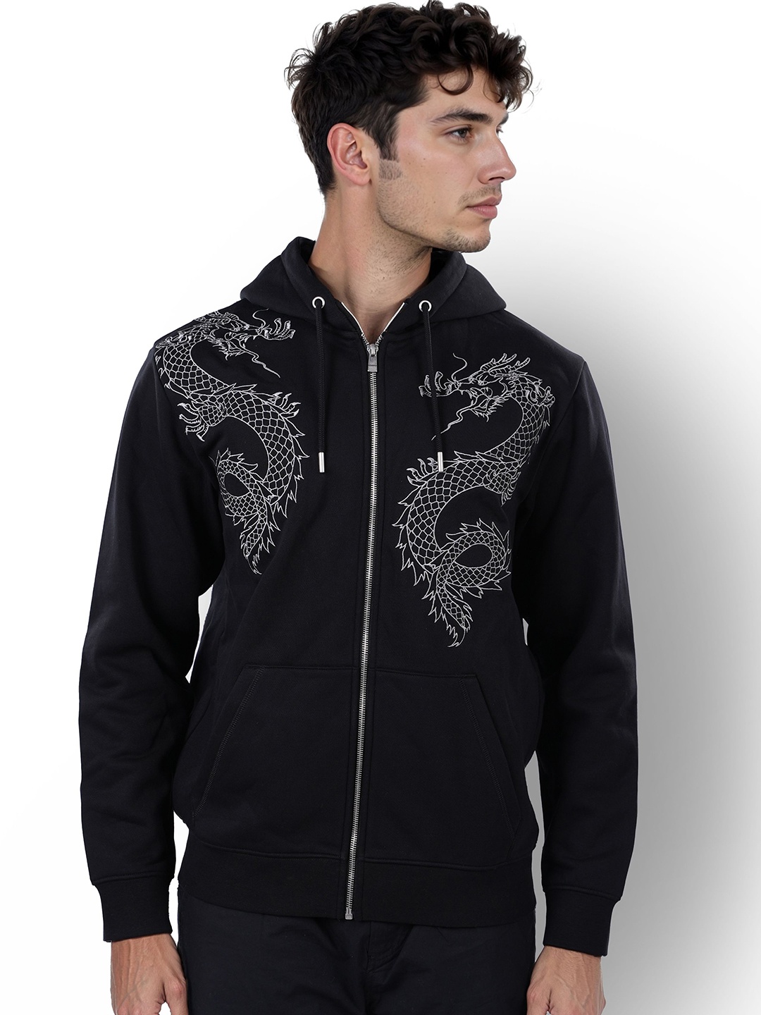 

Celio Graphic Printed Hooded Cotton Front-Open Sweatshirt, Black