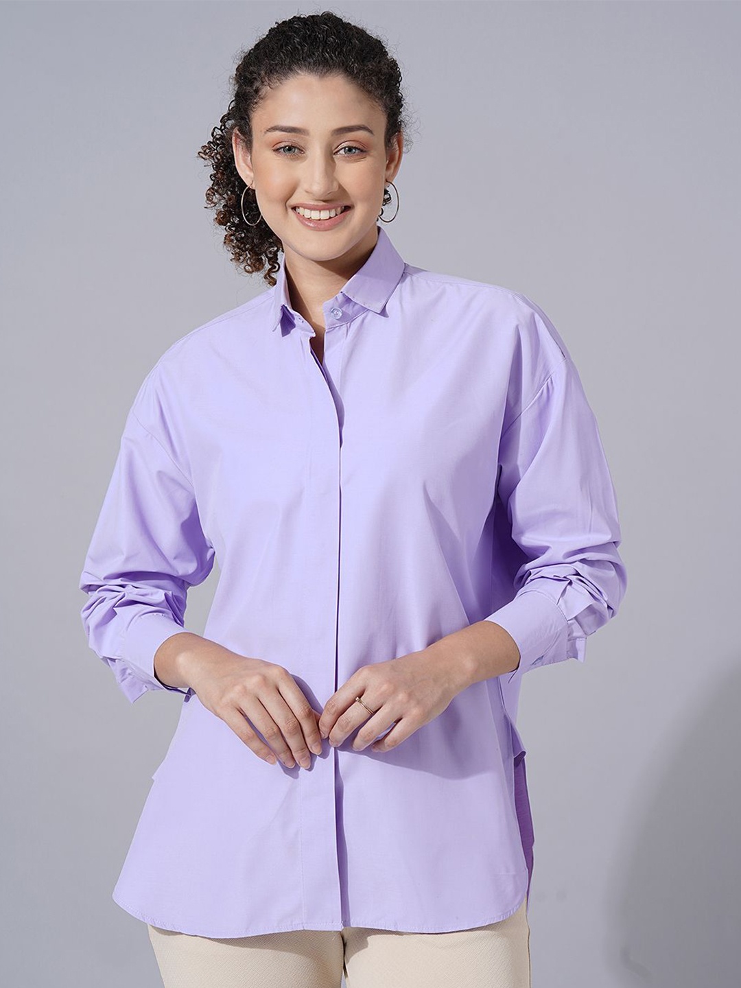 

FITHUB Concealed Button Placket Cotton Boxy Casual Shirt, Lavender