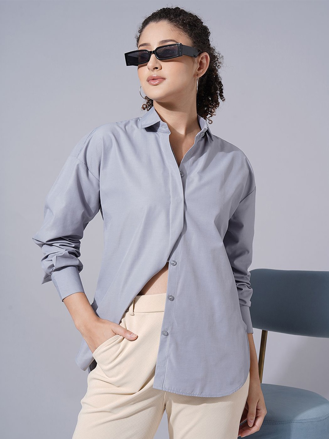 

FITHUB Concealed Button Placket Cotton Boxy Casual Shirt, Grey