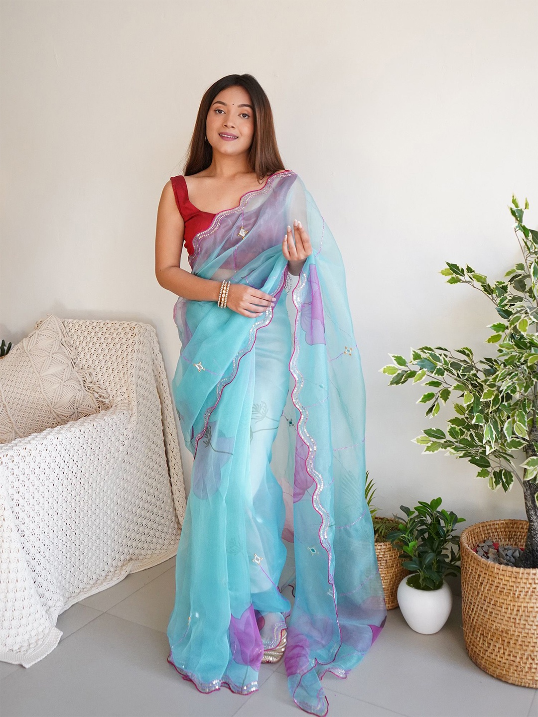 elora Embellished Mirror Work Organza Saree, Turquoise blue