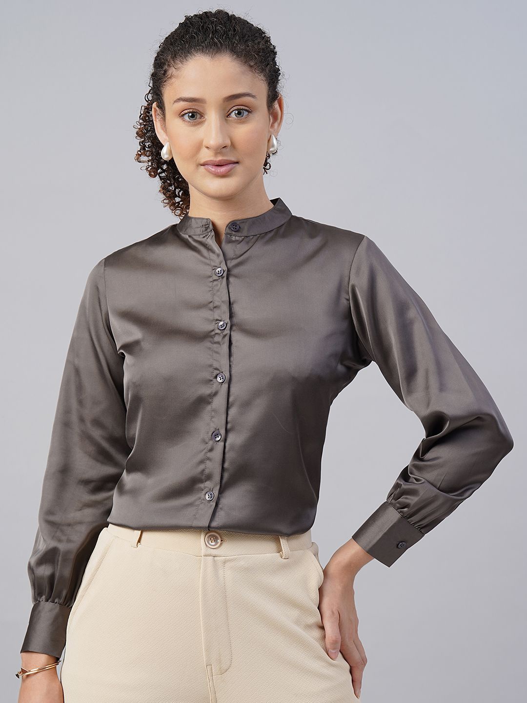 

FITHUB Mandarin Collar Casual Shirt, Grey
