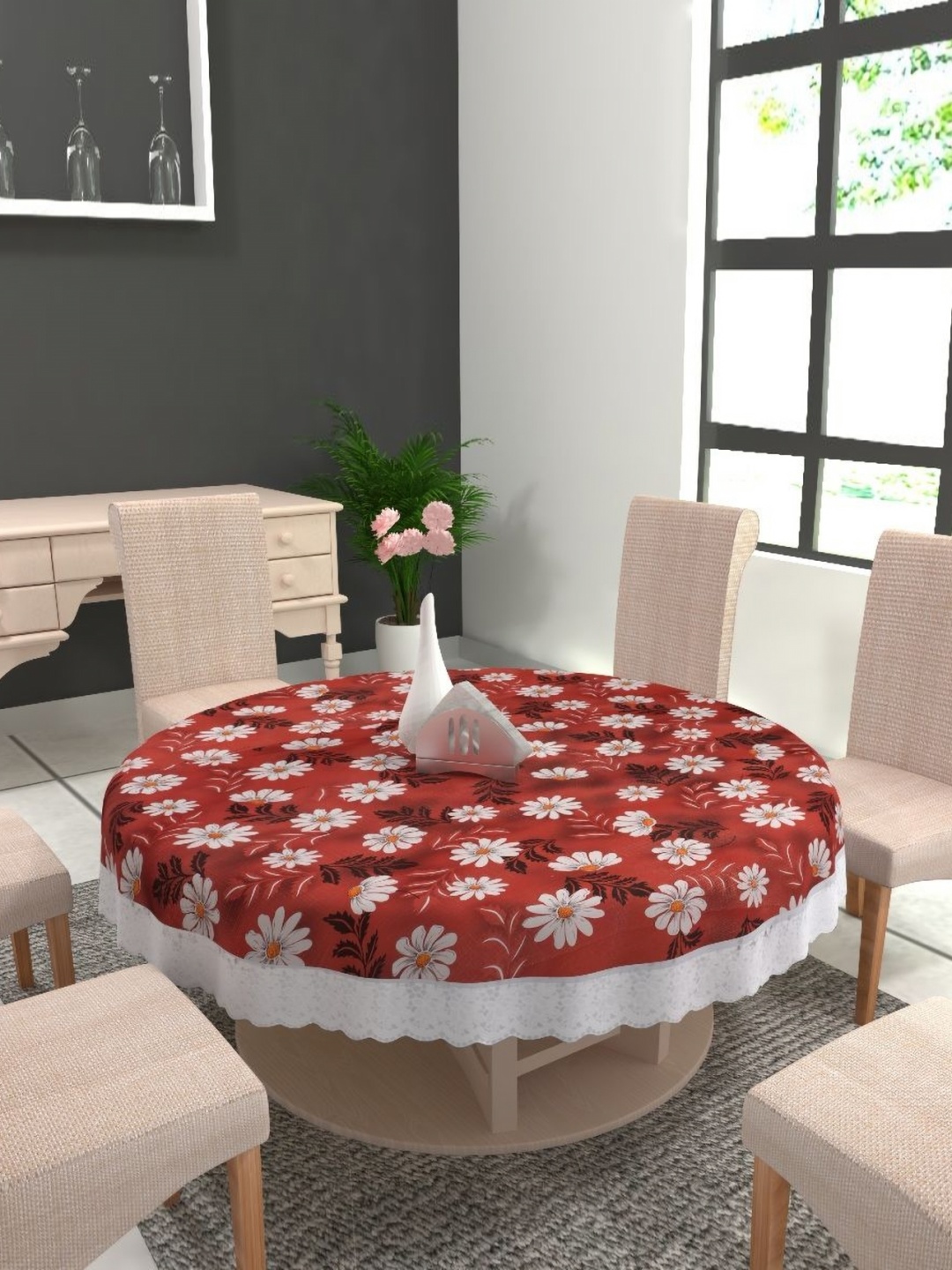 

TANLOOMS Red & White Floral Printed Water Proof Round Table Cover
