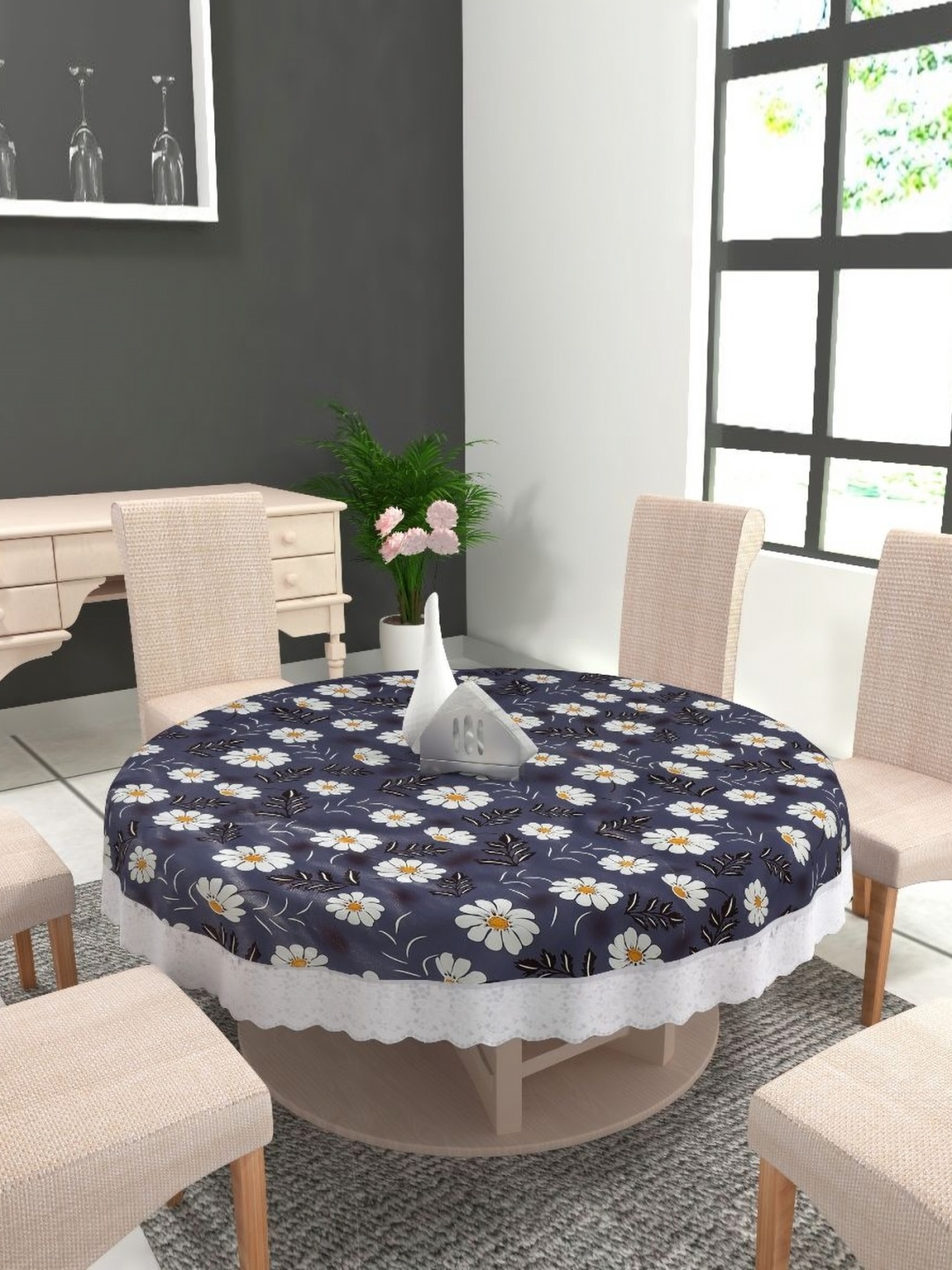 

TANLOOMS Blue & White Floral Printed Water Proof Round Table Cover