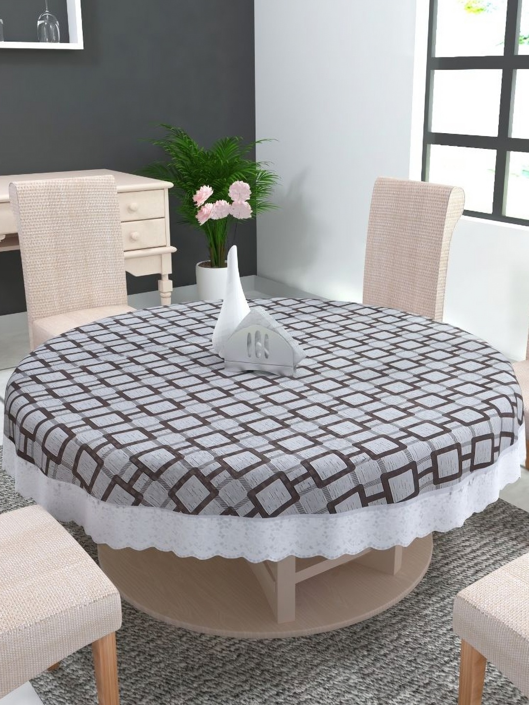 TANLOOMS Grey & White Geometric Printed Water Proof Round Table Cover