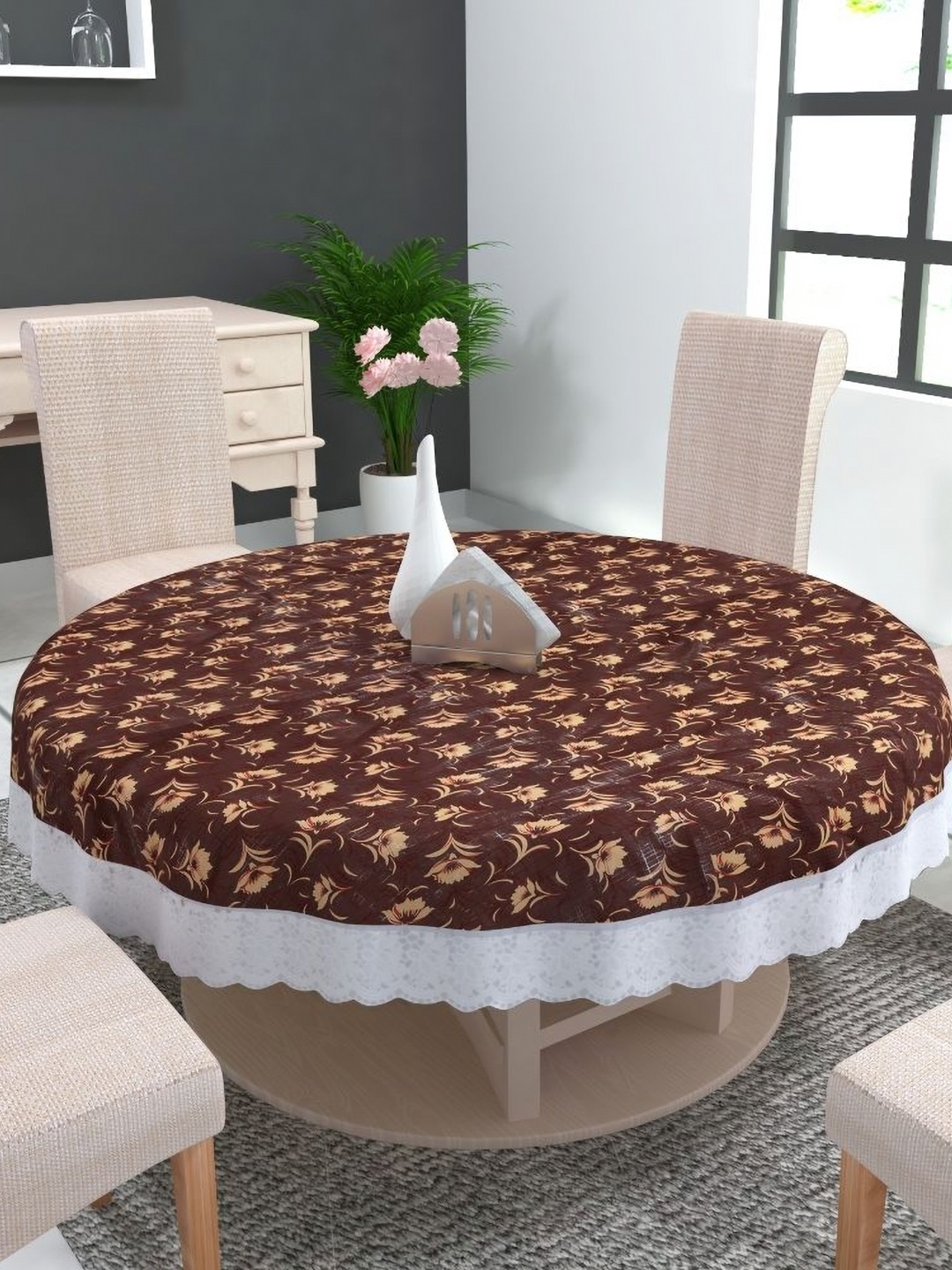 

TANLOOMS Brown & White Floral Printed Water Proof Round Table Cover