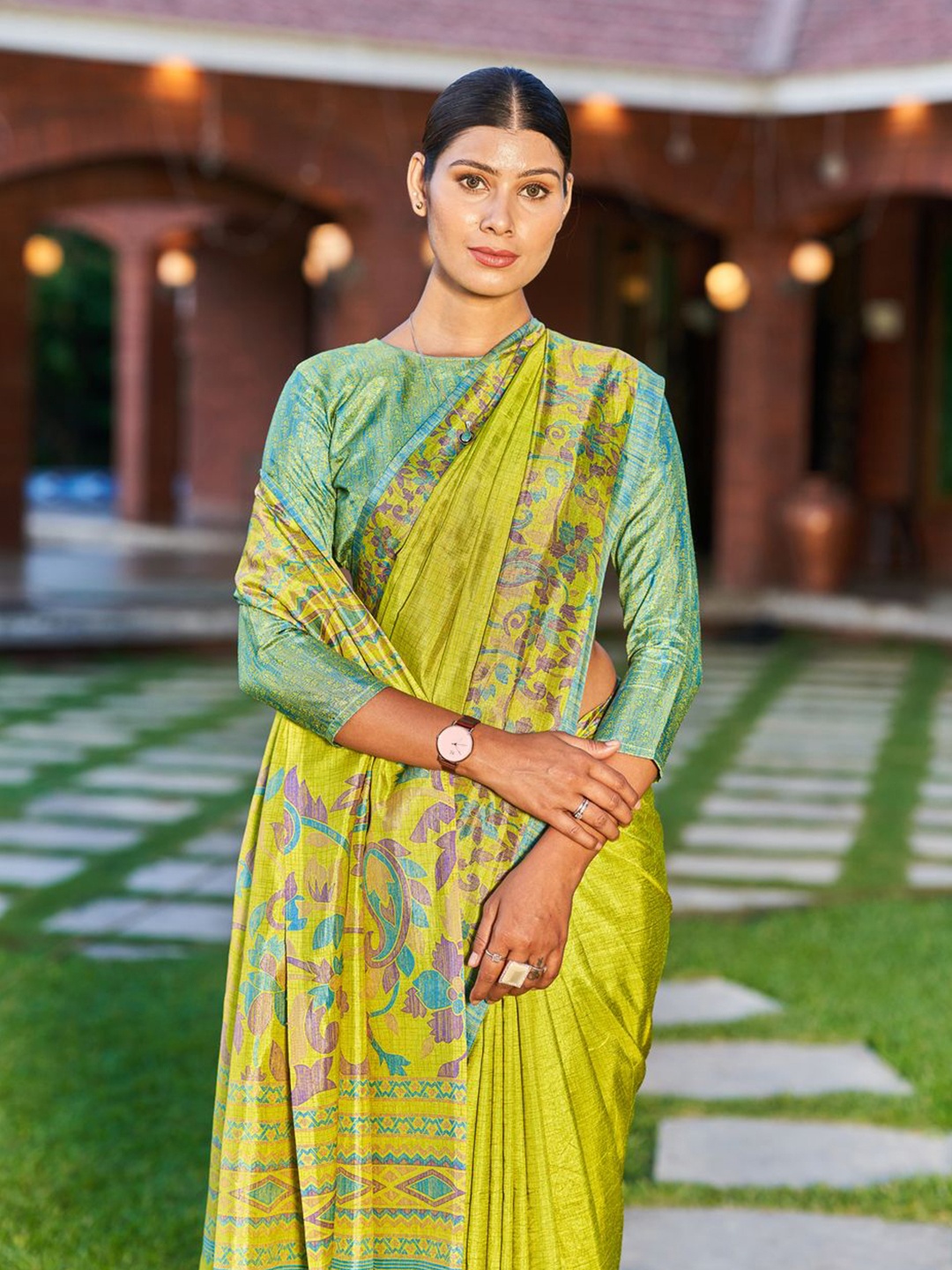 

Kandora Floral Poly Crepe Saree, Lime green