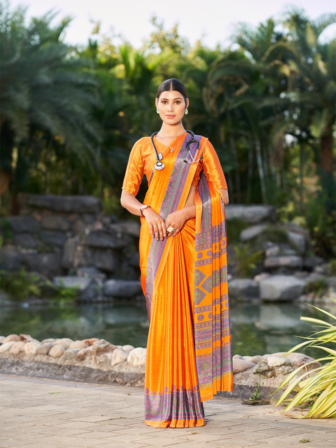 

Kandora Floral Poly Crepe Saree, Orange