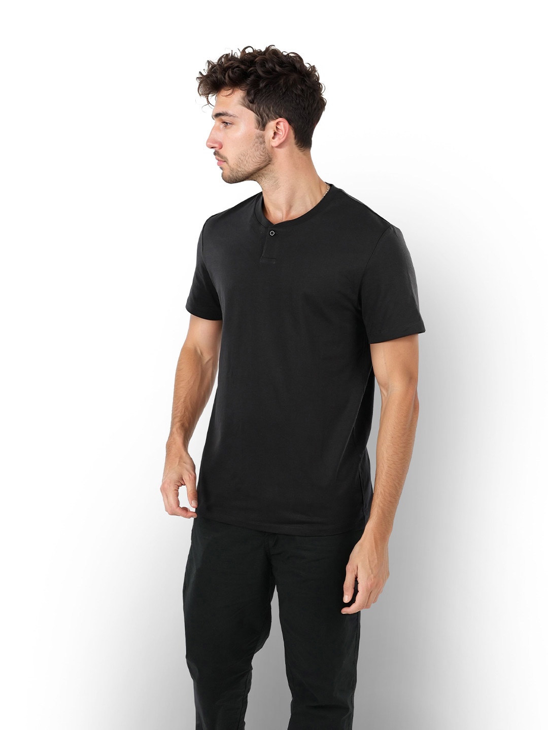 

Celio Relaxed Fit Henley Neck Cotton T-shirt, Black