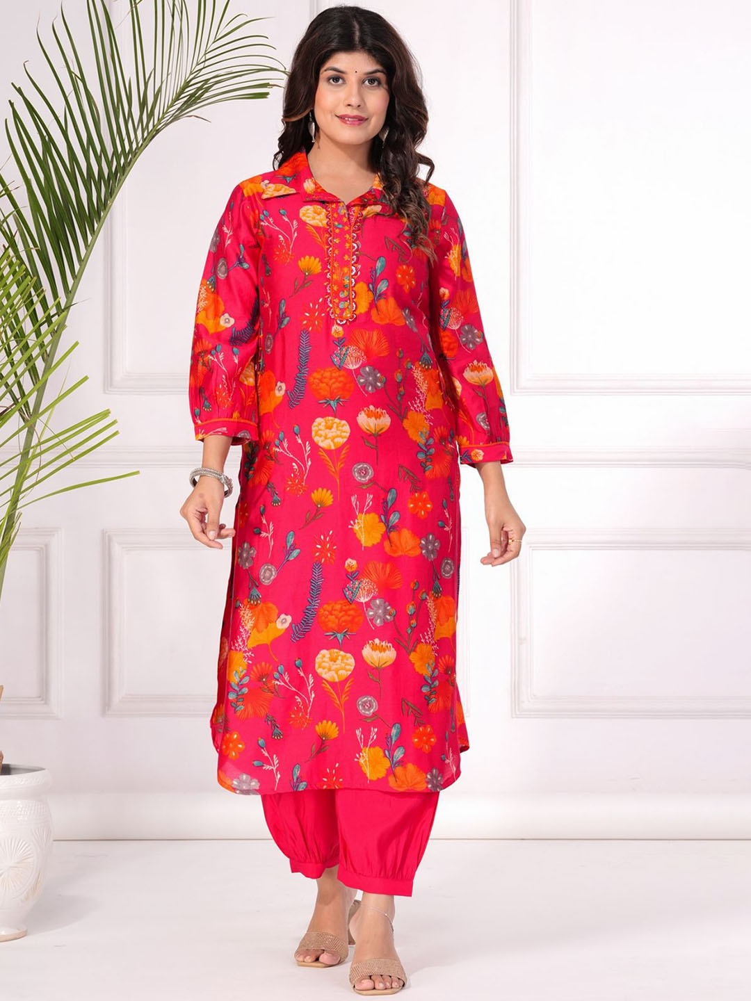 

KALINI Floral Printed Regular Beads And Stones Pathani Kurta With Salwar, Pink