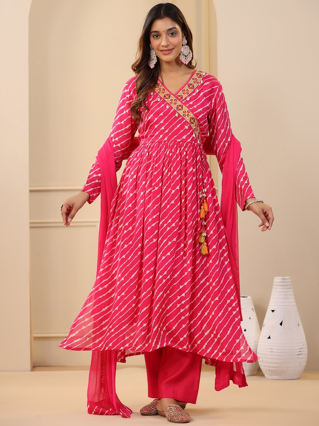 

KALINI Women Printed Regular Beads and Stones Kurta with Trousers & With Dupatta, Pink