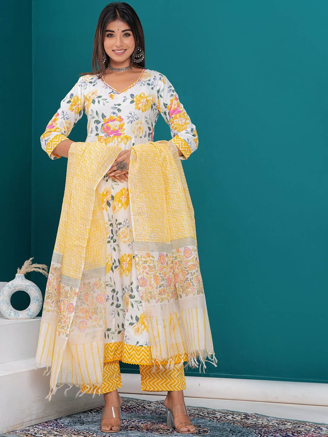 

KALINI Floral Printed Regular Pure Cotton Anarkali Kurta With Trousers & Dupatta, Yellow