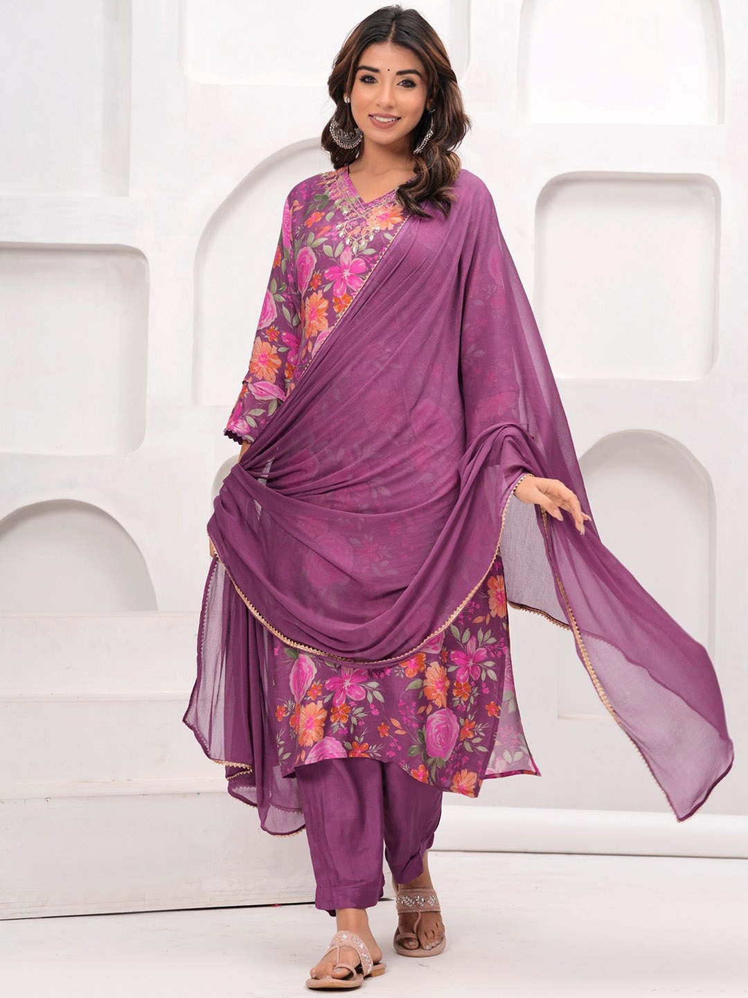 

KALINI Floral Printed Regular Pure Silk Straight Kurta With Trousers & Dupatta, Purple