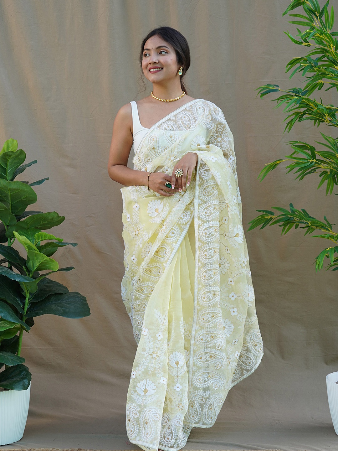 

elora Floral Chikankari Organza Saree, Yellow