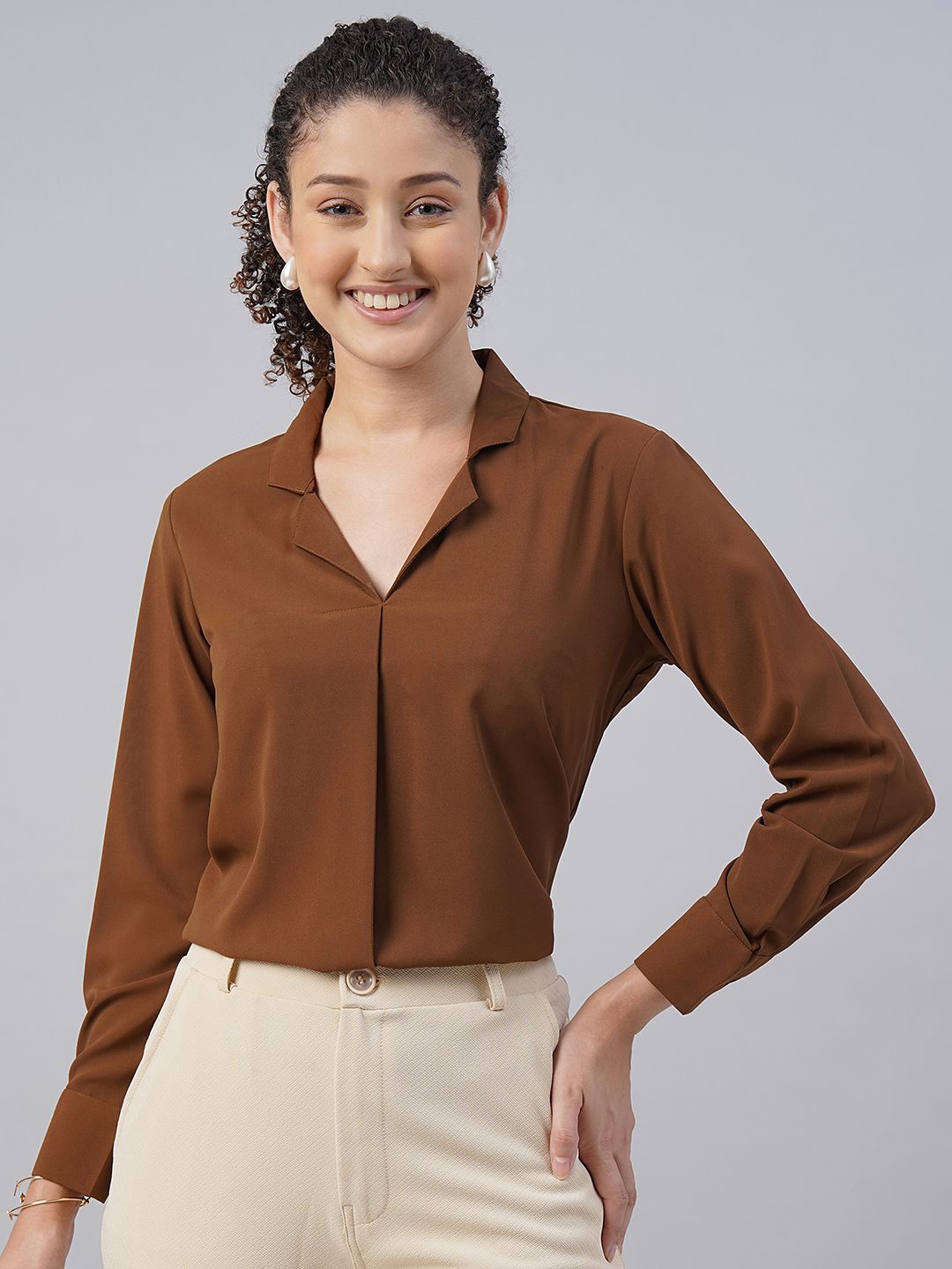 

FITHUB Cuban Collar Cuffed Sleeves Shirt Style Formal Top, Coffee brown