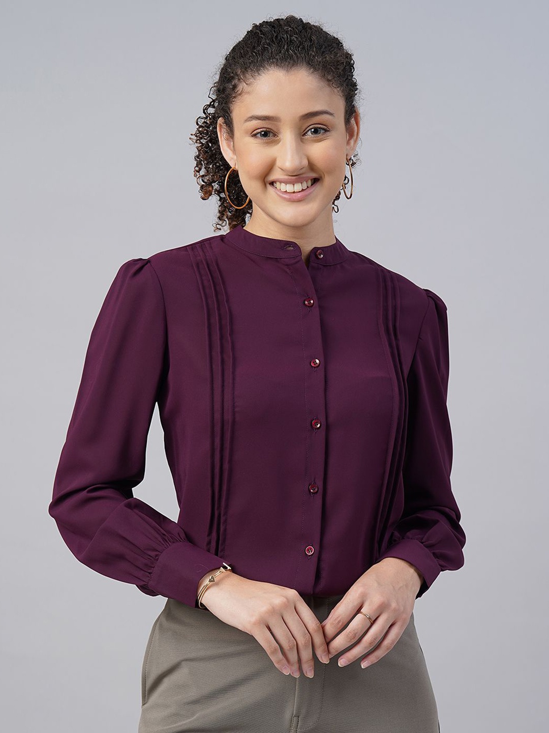 

FITHUB Pleated Mandarin Collar Cotton Formal Shirt, Maroon