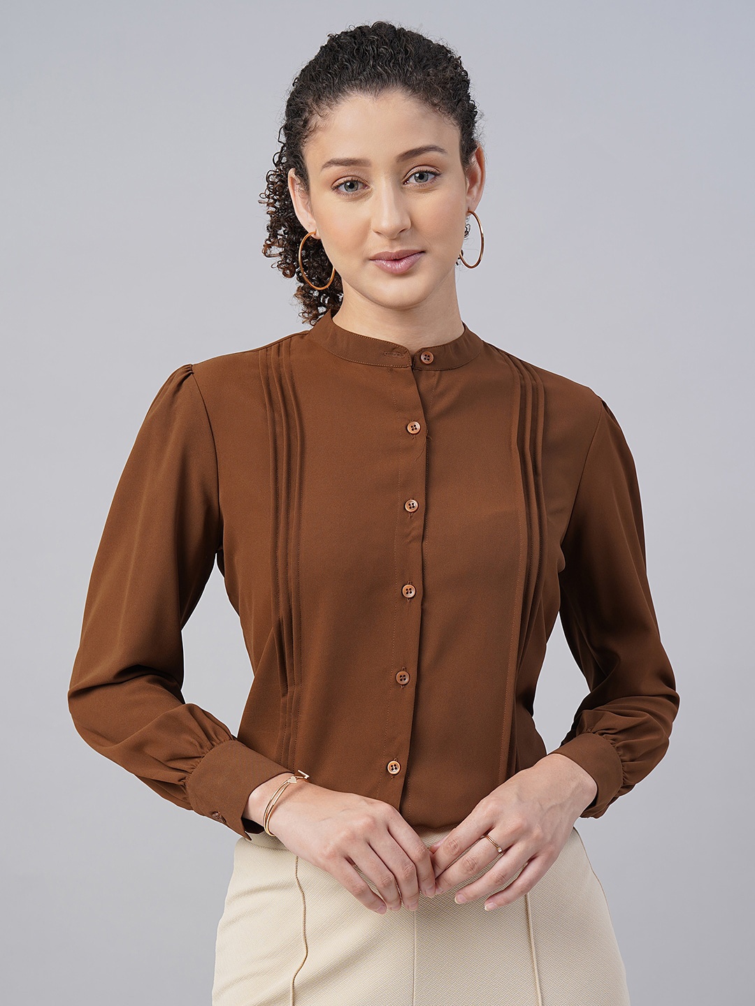 

FITHUB Pleated Mandarin Collar Cotton Formal Shirt, Coffee brown