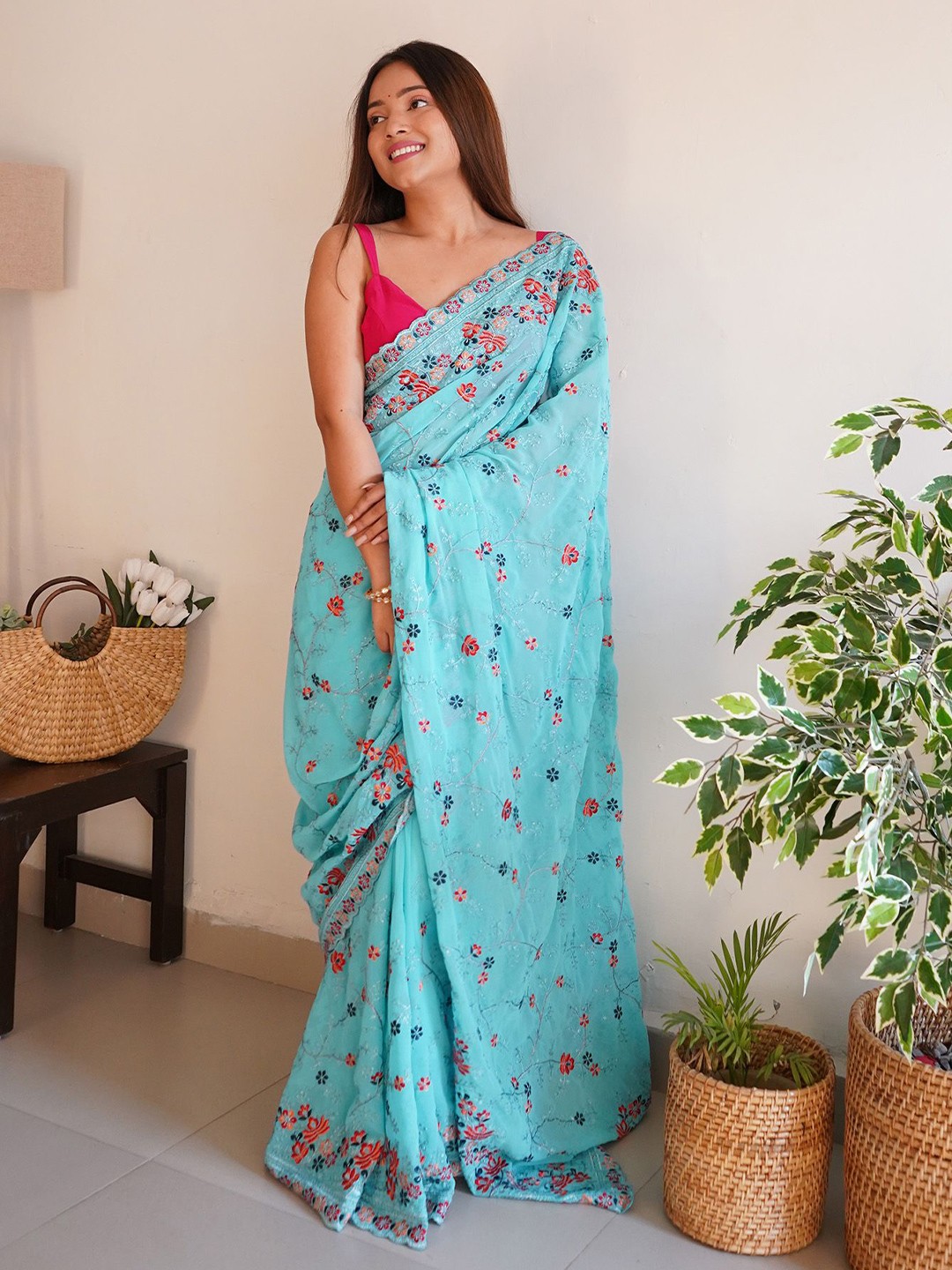 

elora Floral Embroidered Pure Georgette Saree, Turquoise blue