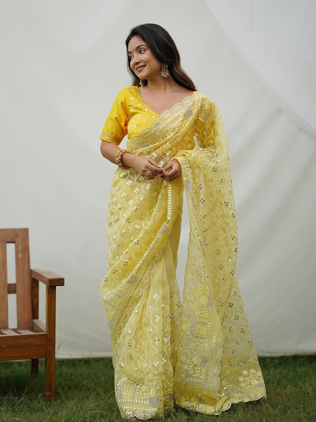 

elora Floral Sequinned Organza Saree, Yellow