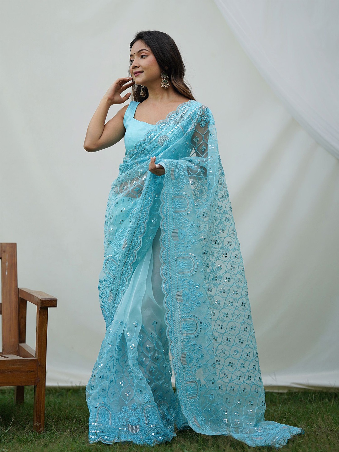 

elora Embellished Sequinned Organza Saree, Turquoise blue