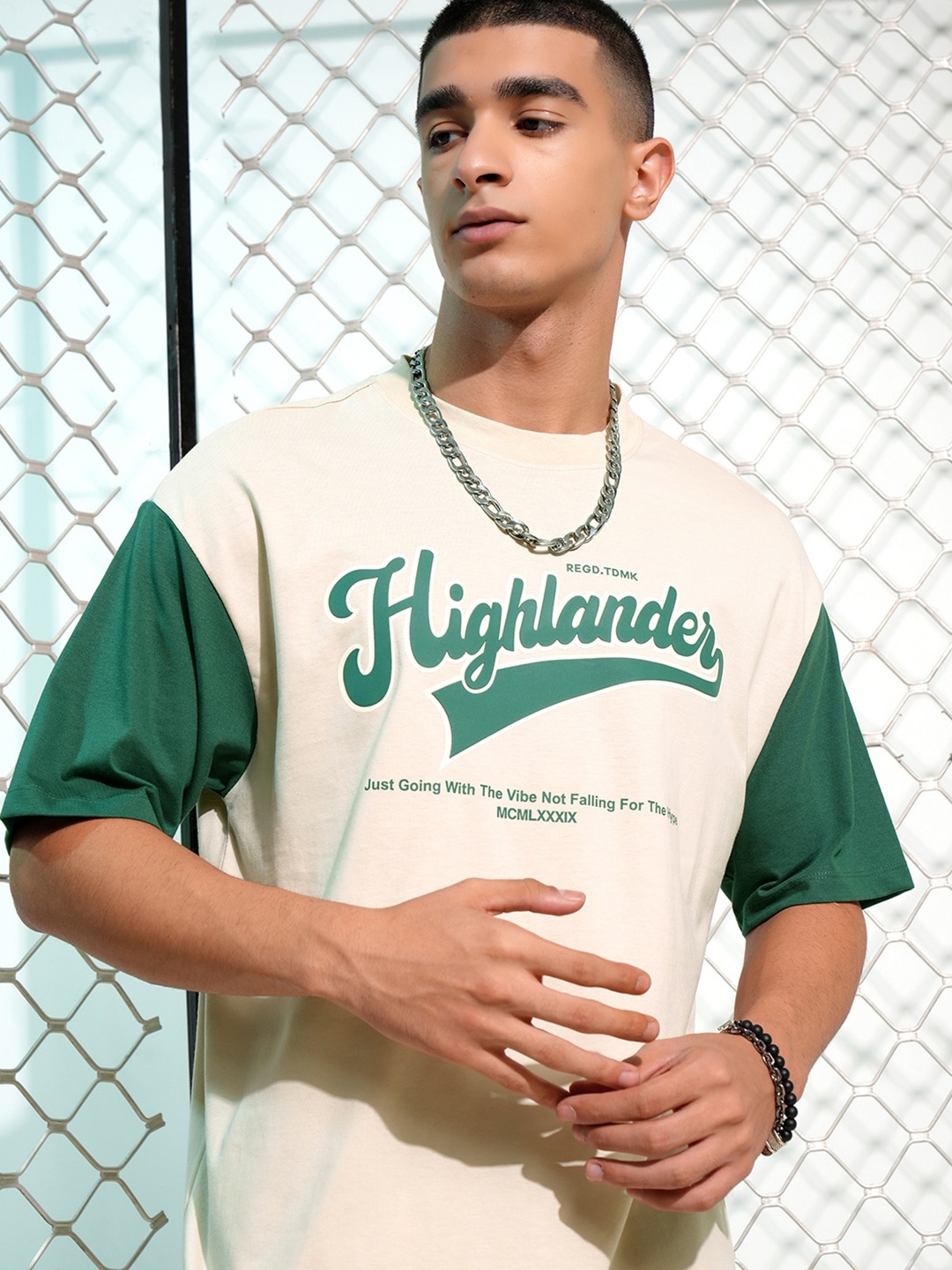 

HIGHLANDER Typography Printed Relaxed Fit Drop Shoulder Sleeves Cotton Oversized T-shirt, Cream