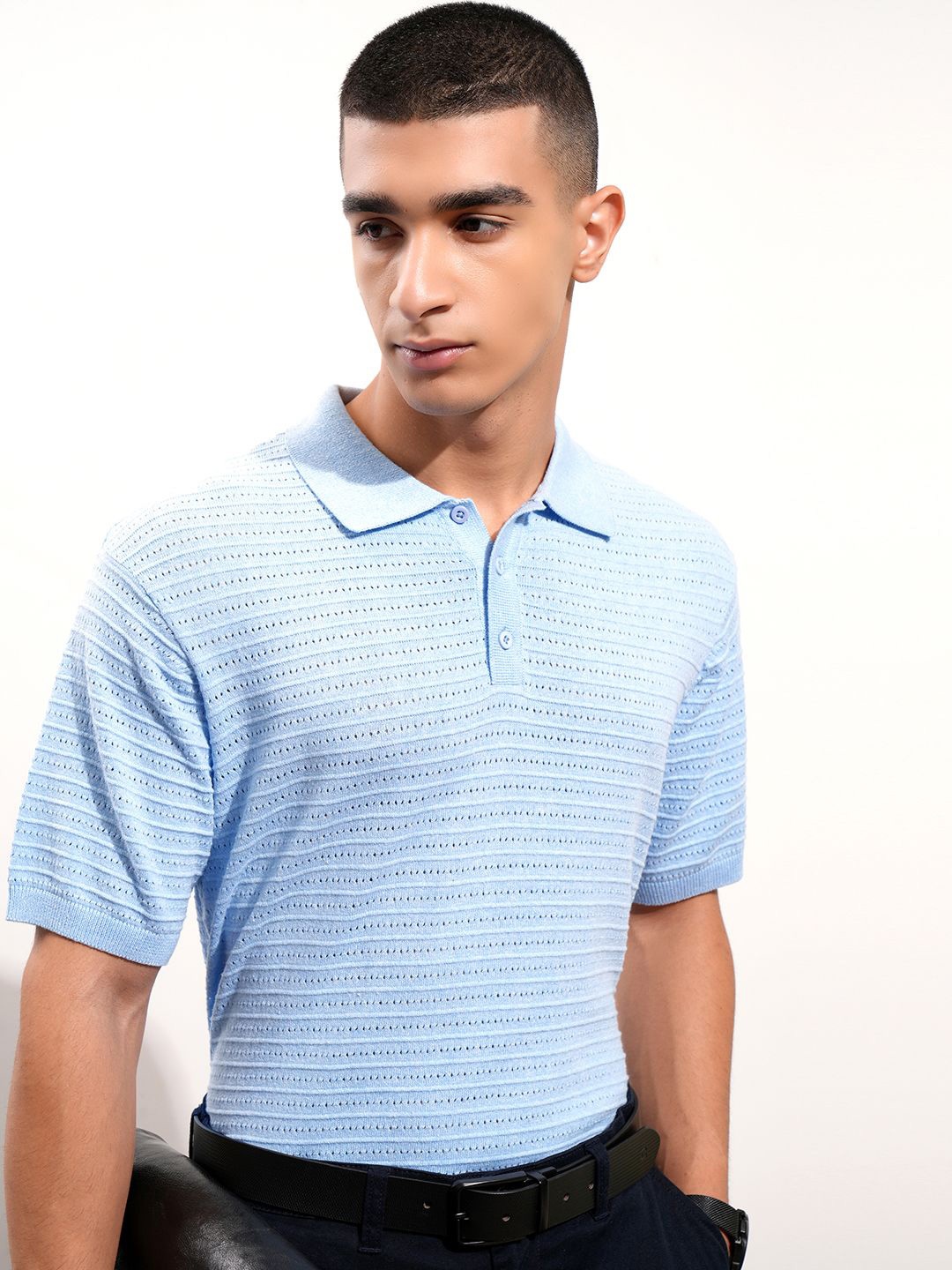 

Highlander Men Knitted Textured Polo Neck T-shirt, Blue
