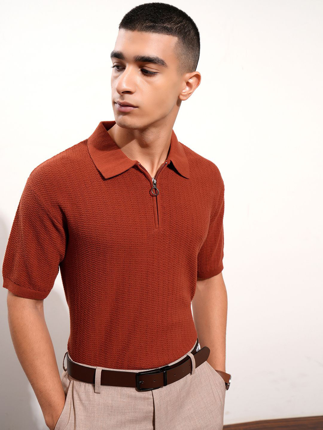 

HIGHLANDER Men Relaxed Fit Short Sleeve Half Zipper Placket Polo Collar T-shirt, Rust