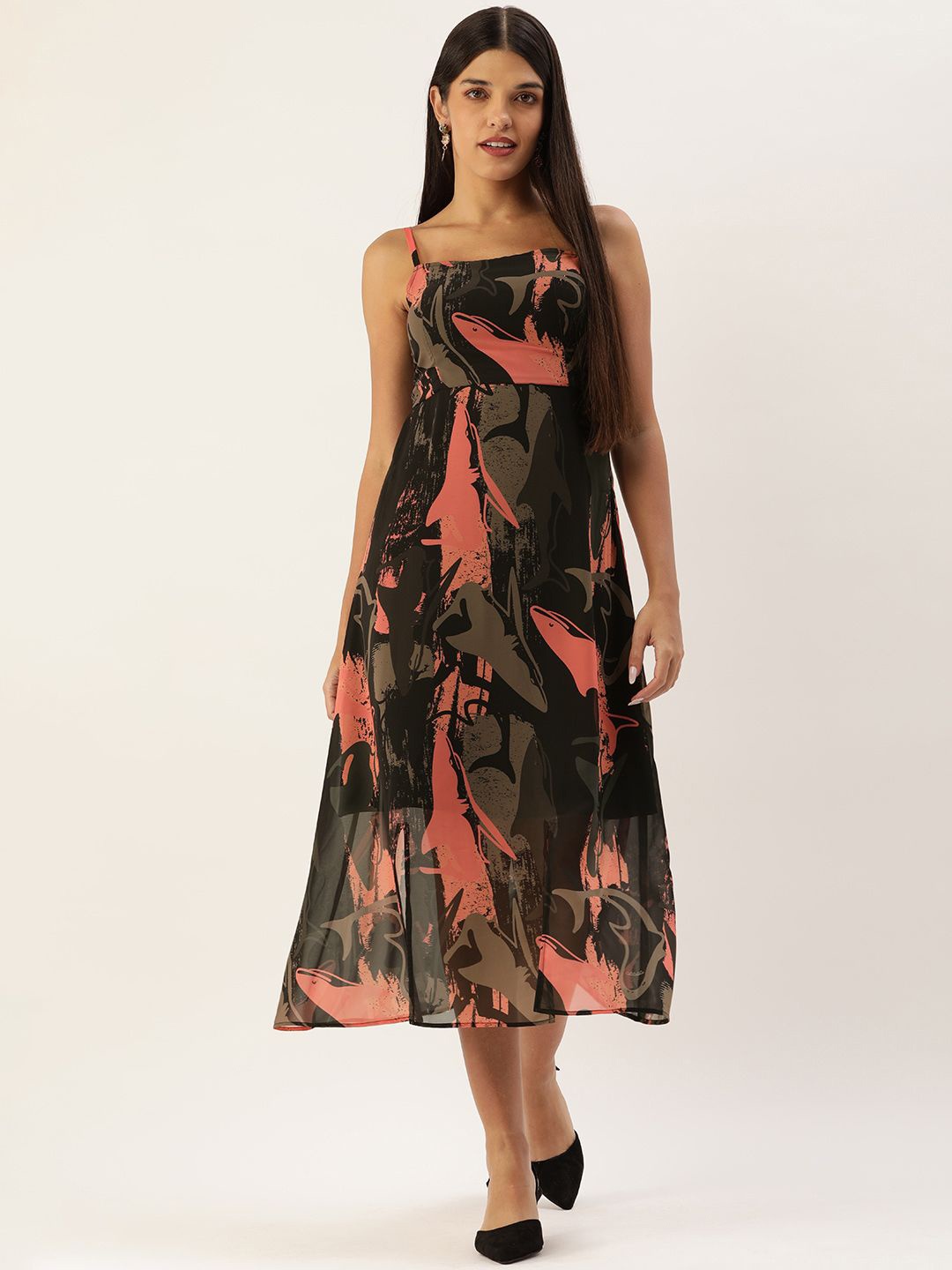 

MELOSO Abstract Printed Georgette Fit & Flare Midi Dress, Black