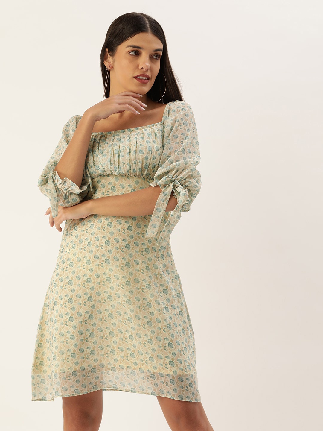 

MELOSO Floral Print Square Neck Puff Sleeve Georgette A-Line Dress, Sea green