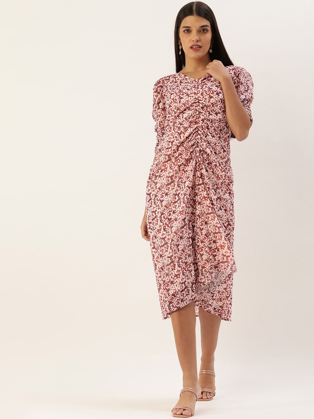 

MELOSO Floral Print Puff Sleeves Georgette A-Line Midi Dress, Maroon