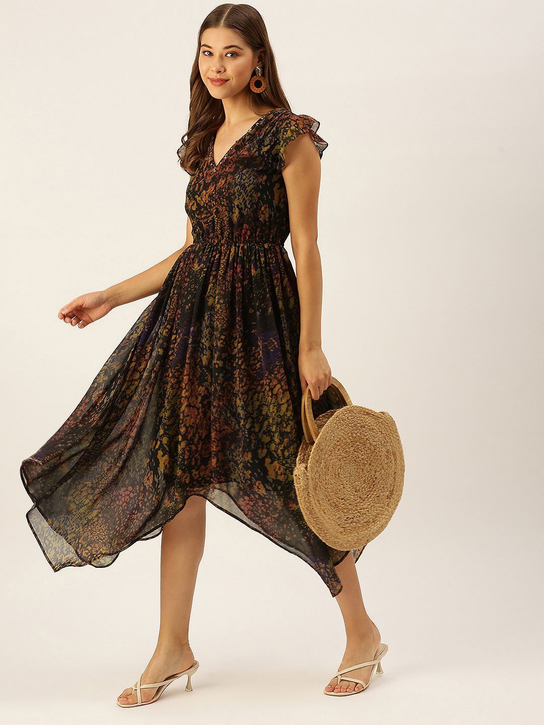

MELOSO Animal Print Flutter Sleeve Georgette A-Line Midi Dress, Black