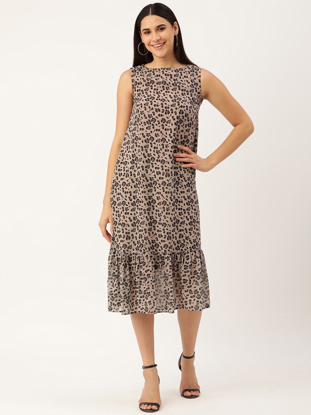 

MELOSO Animal Print Georgette A-Line Midi Dress, Beige