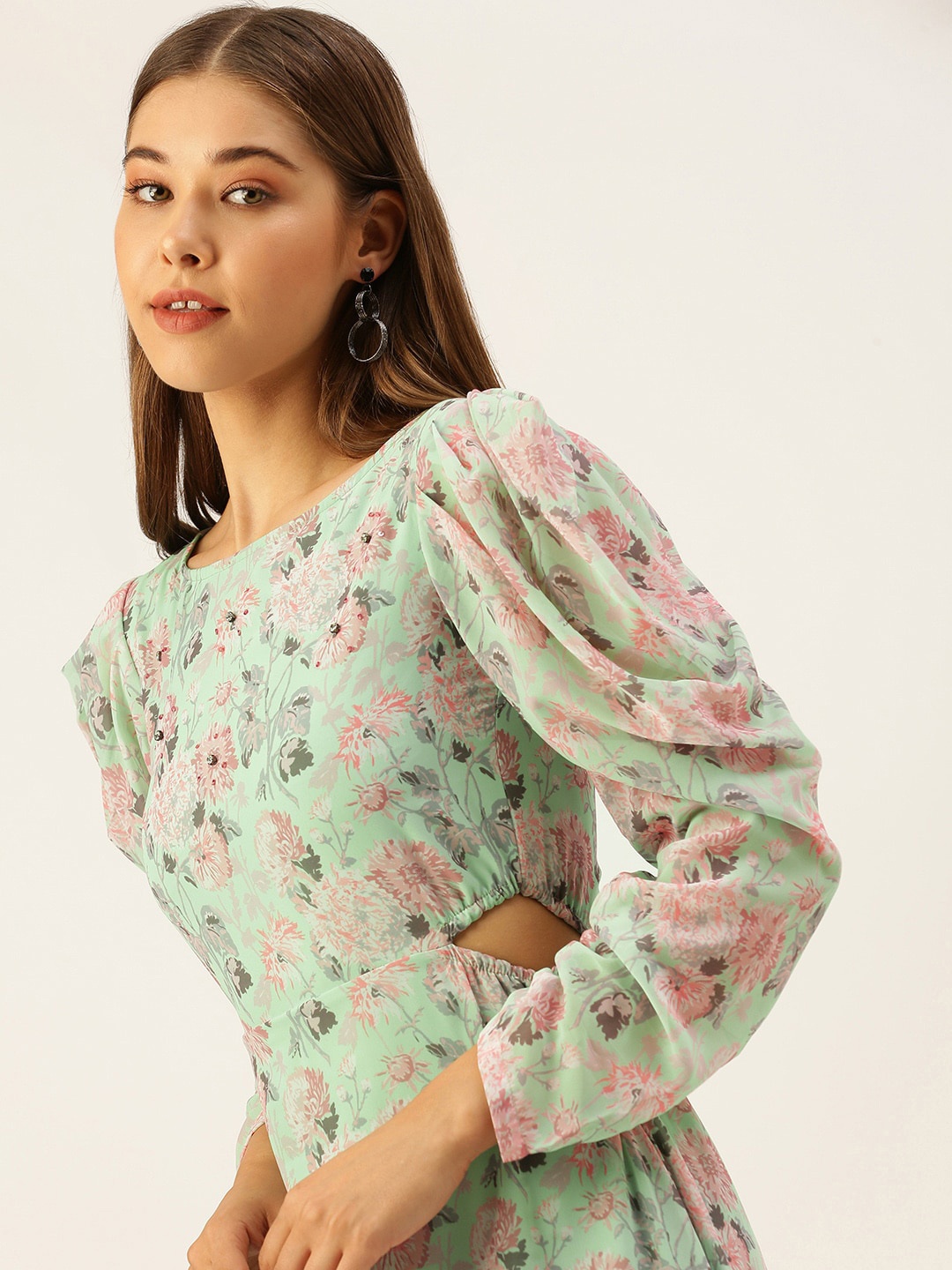 

MELOSO Floral Print Puff Sleeve Georgette A-Line Dress, Sea green