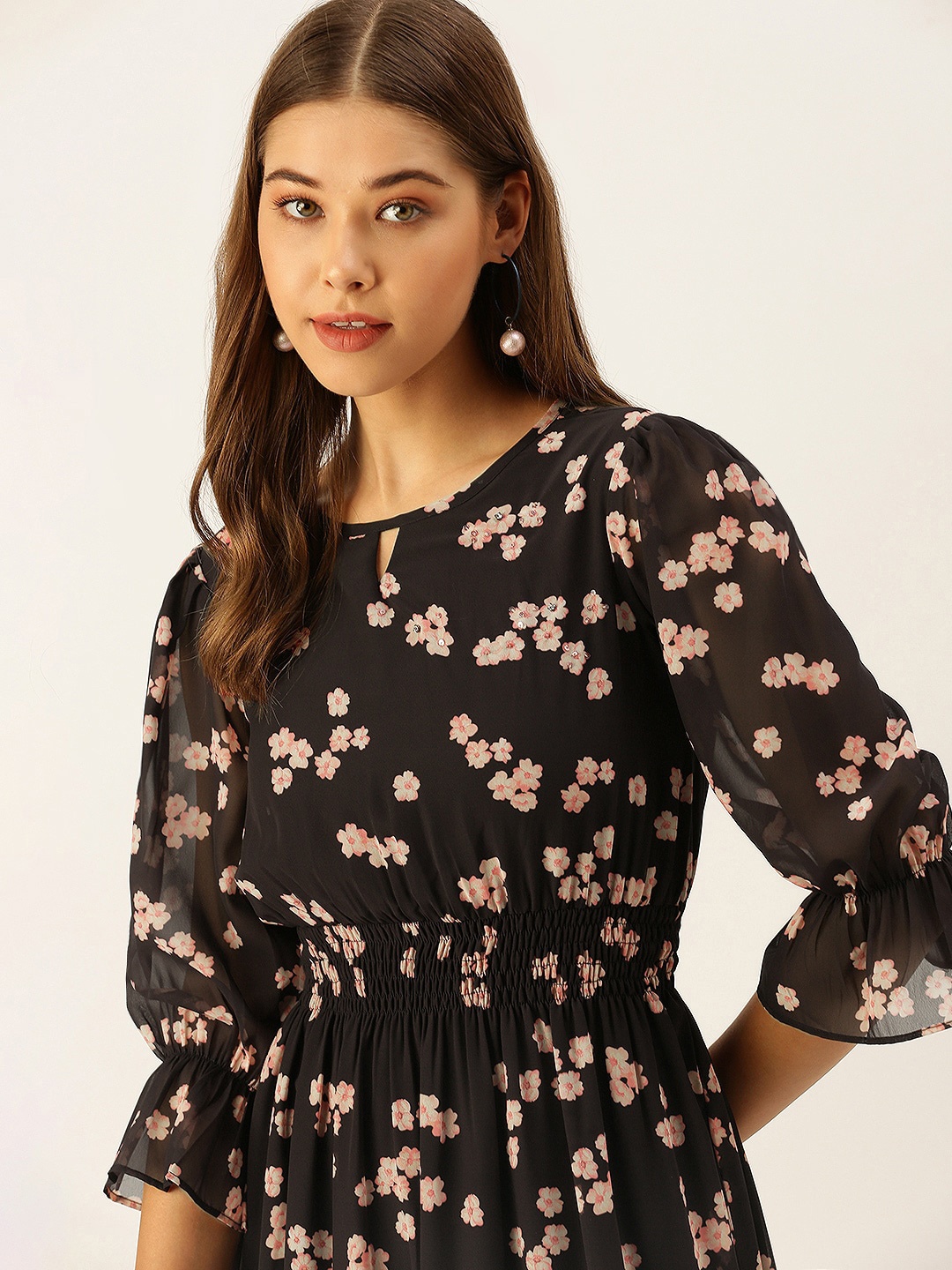 

MELOSO Floral Print Keyhole Neck Puff Sleeve Georgette A-Line Dress, Black