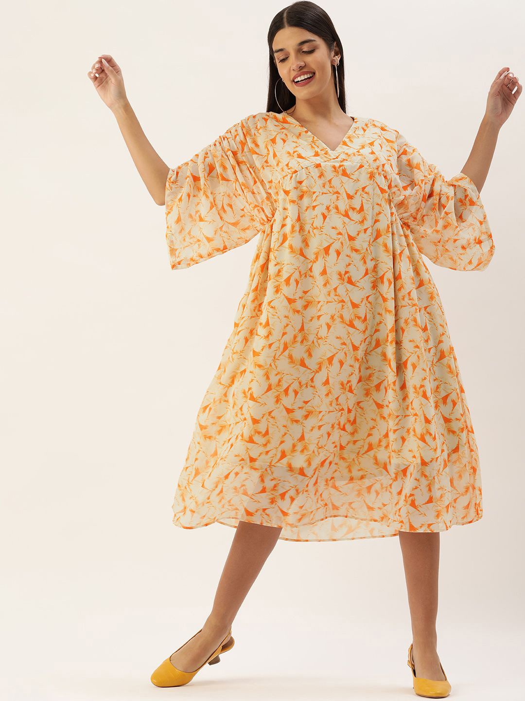 MELOSO Abstract Print Kimono Sleeve Georgette A-Line Midi Dress, Orange