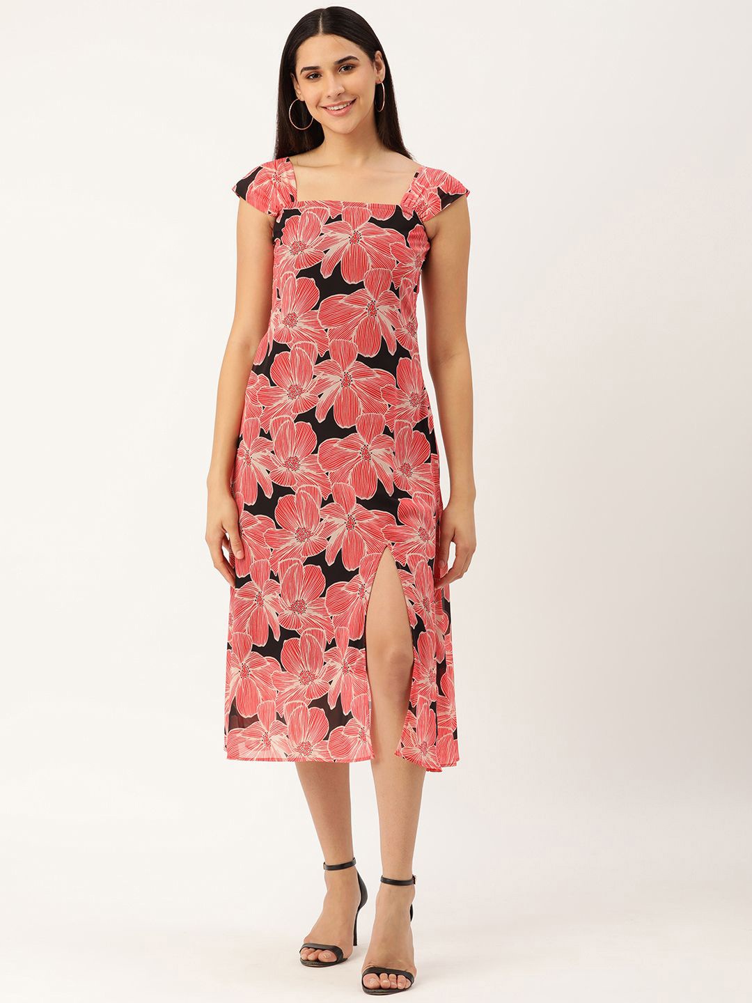 

MELOSO Floral Print Georgette Sheath Midi Dress, Black
