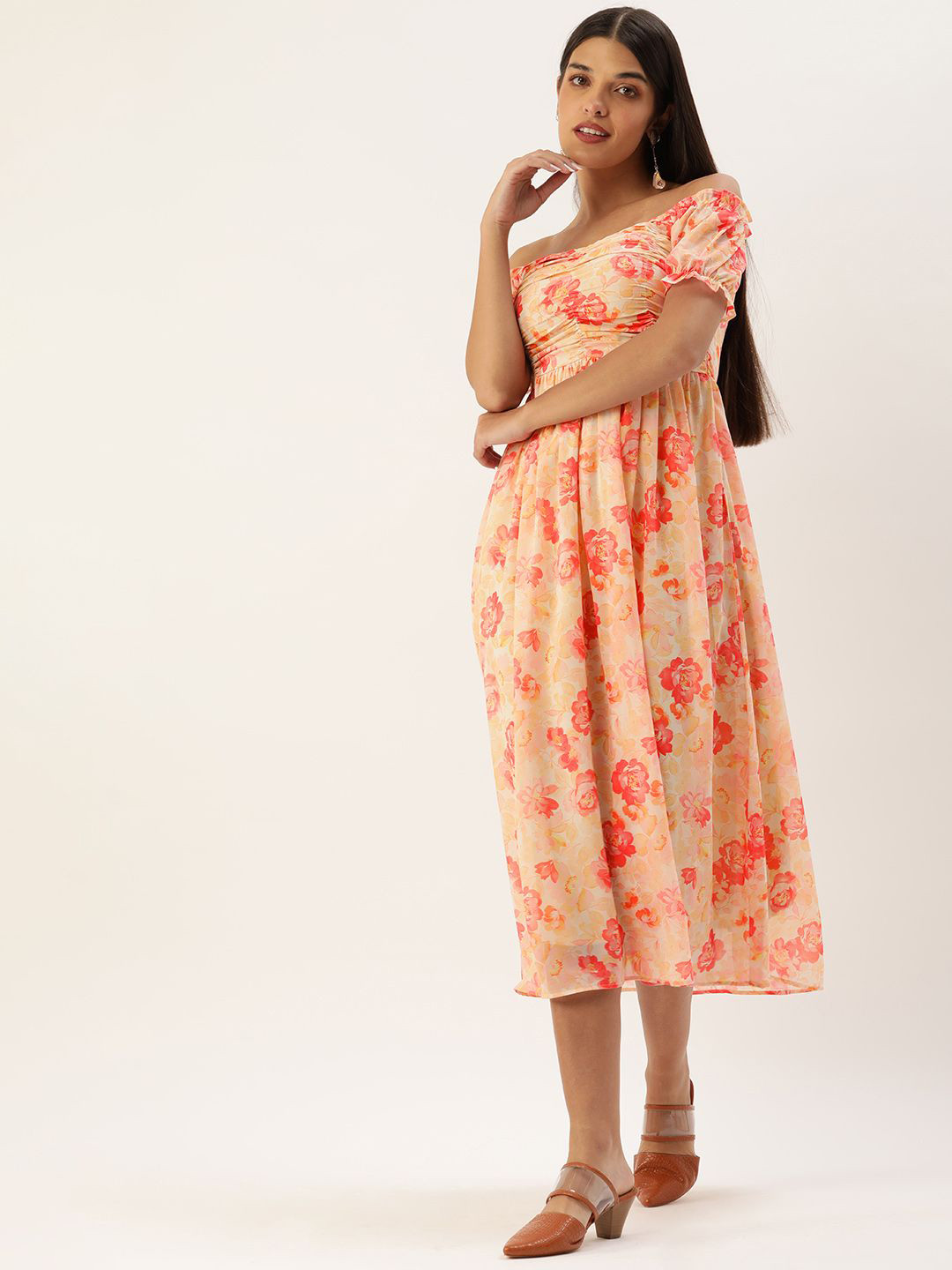 

MELOSO Floral Printed Georgette Fit & Flare Midi Dress with smoked details, Orange