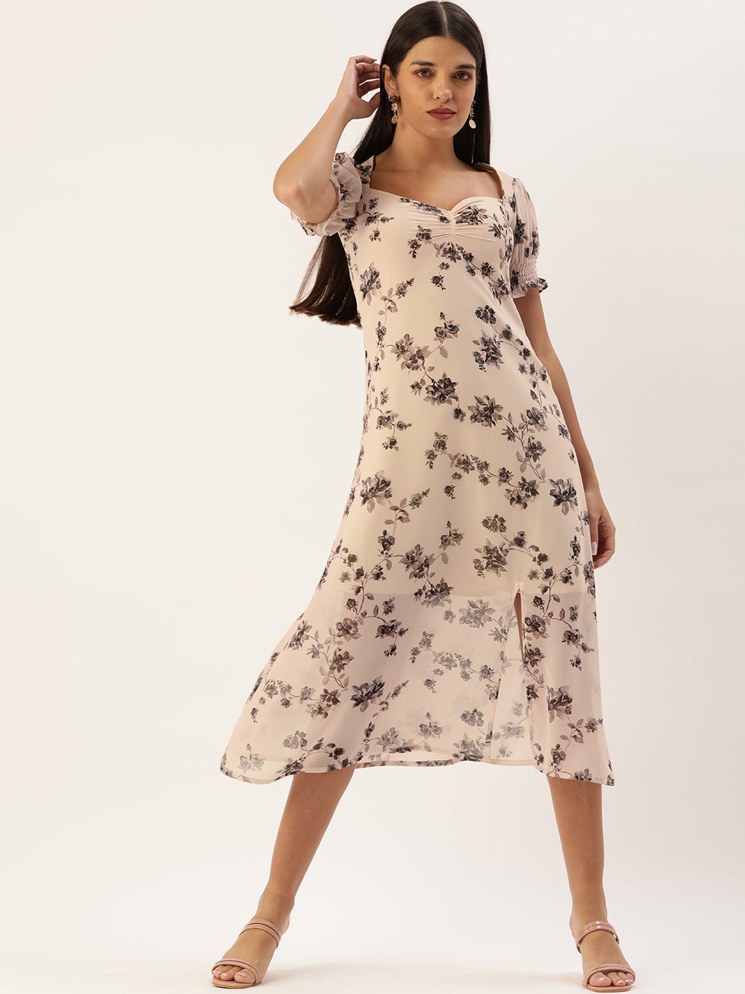 MELOSO Floral Printed Georgette Smocked A-Line Midi Dress, Cream