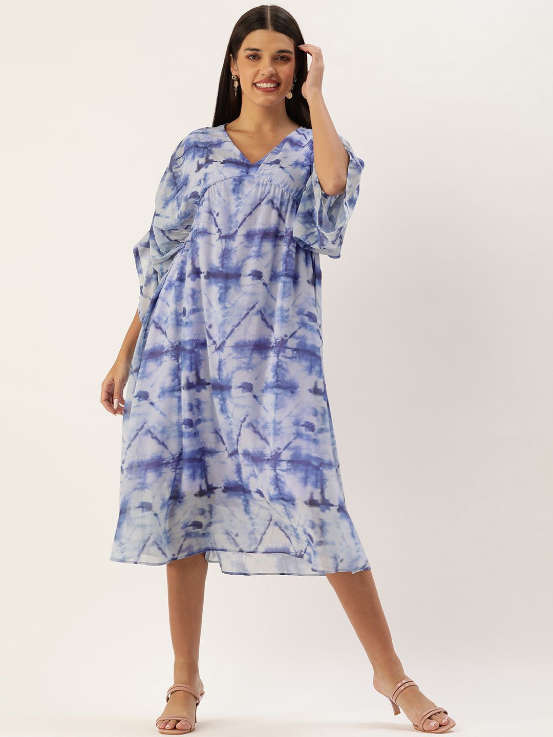 

MELOSO Tie and Dye Print Kimono Sleeve Georgette A-Line Midi Dress, Blue