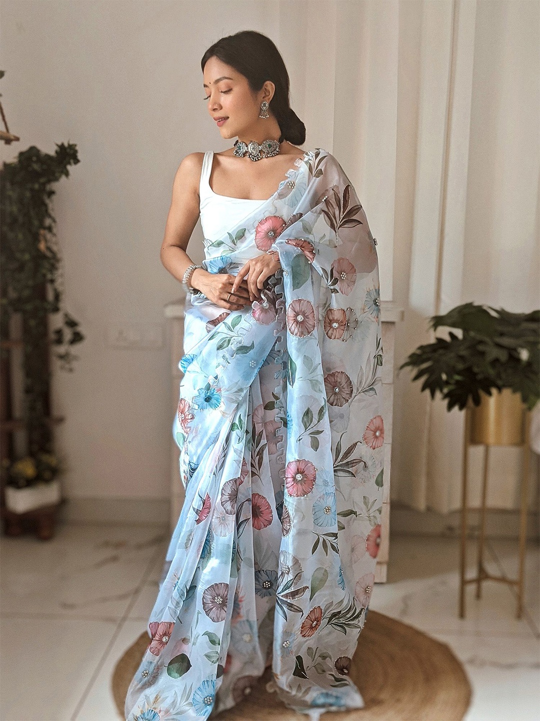 

elora Floral Beads and Stones Organza Saree, Turquoise blue