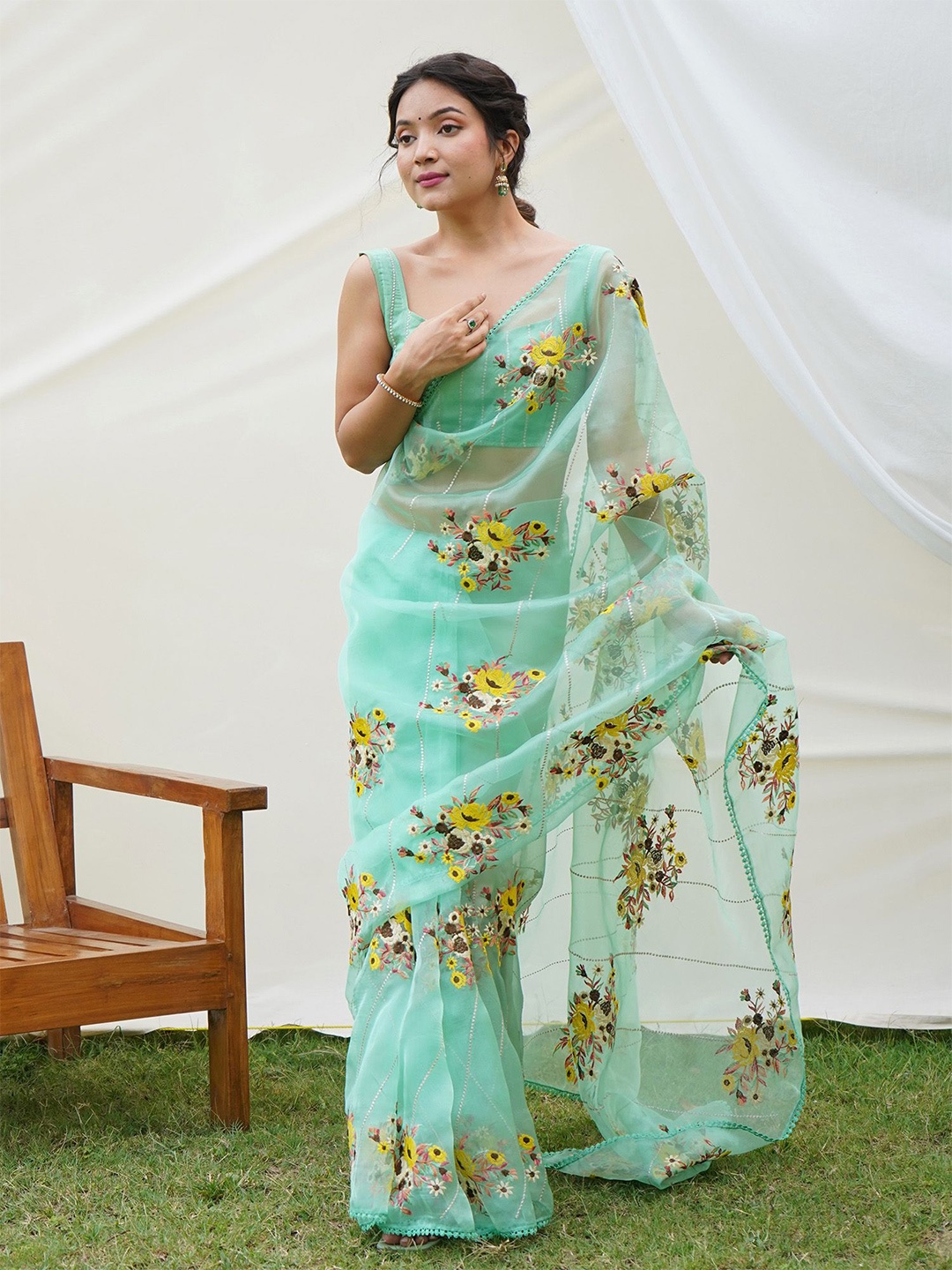 

elora Floral Embroidered Organza Saree, Sea green