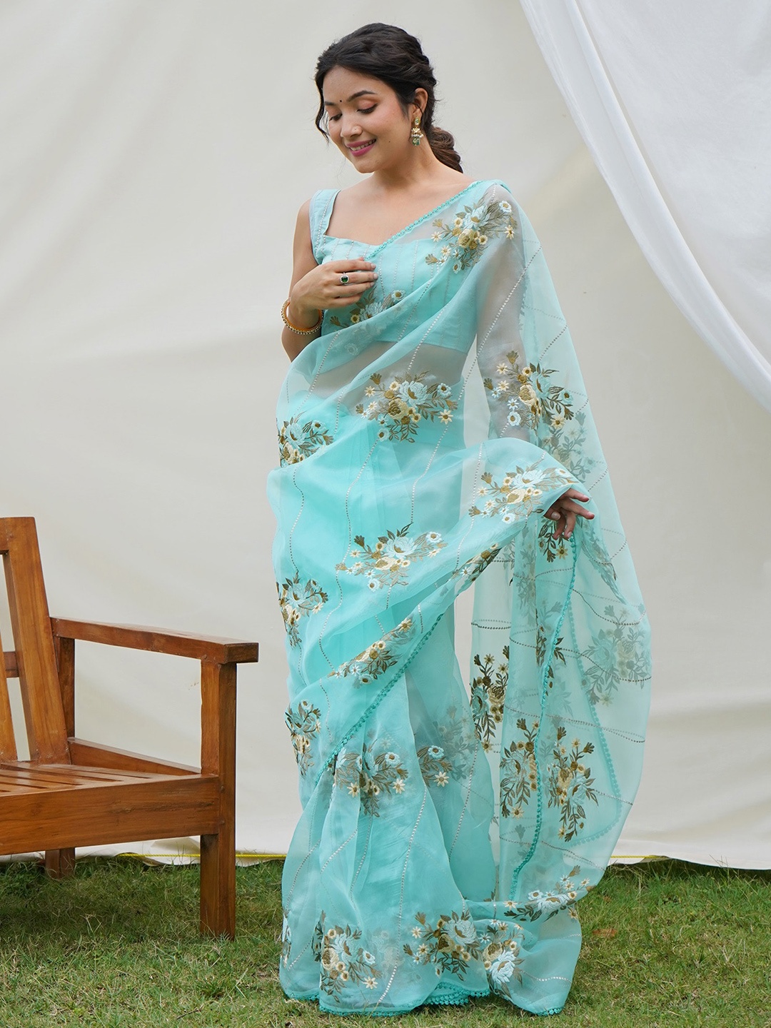 elora Floral Embroidered Organza Saree, Turquoise blue