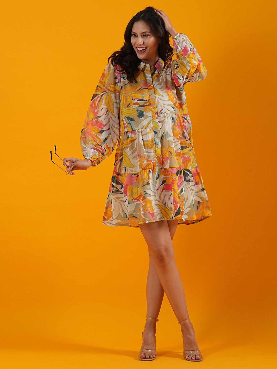 

Globus Orange Tropical Print Tiered Georgette A-Line Dress, Multi
